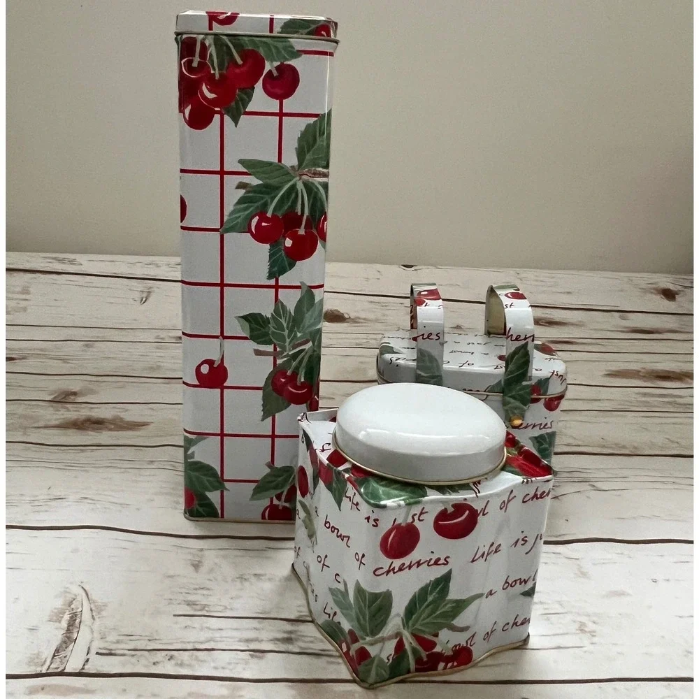 Department 56 Cherry Tin Set White Red Life Is Just A Bowl Of Cherries 3pc OS